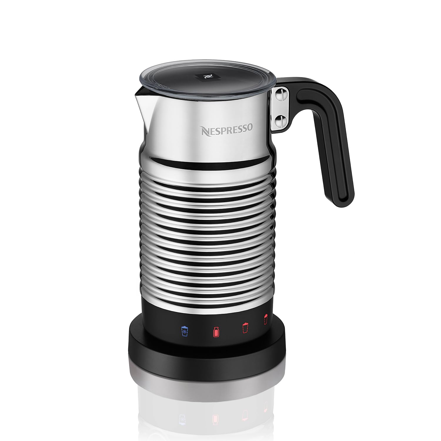 Espumador de leche Nespresso Aeroccino 4 acero inoxidable con asas negras y base negra con botones iluminados.