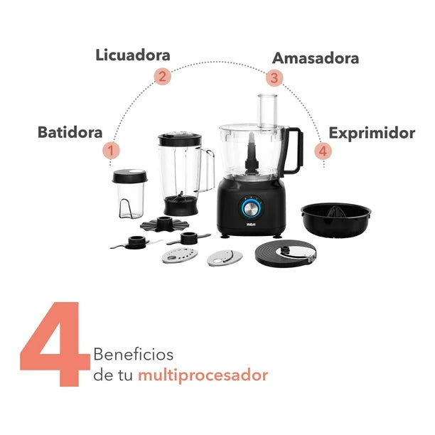 Multi procesador de alimentos RCA negro con jarra, batidora, amasadora y accesorios desmontables.