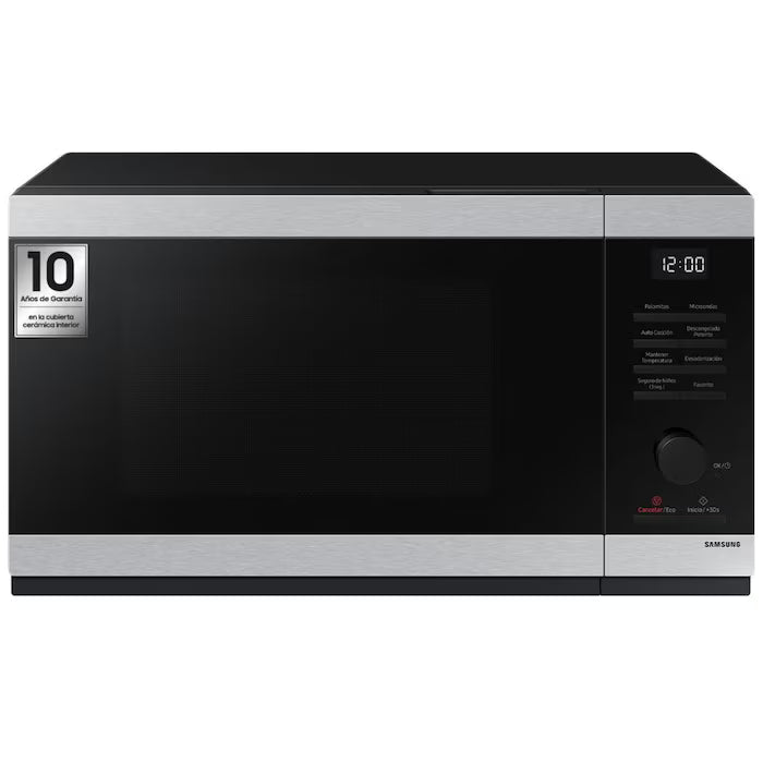 Microondas Samsung negro y plateado con puerta de vidrio y panel digital con control giratorio.