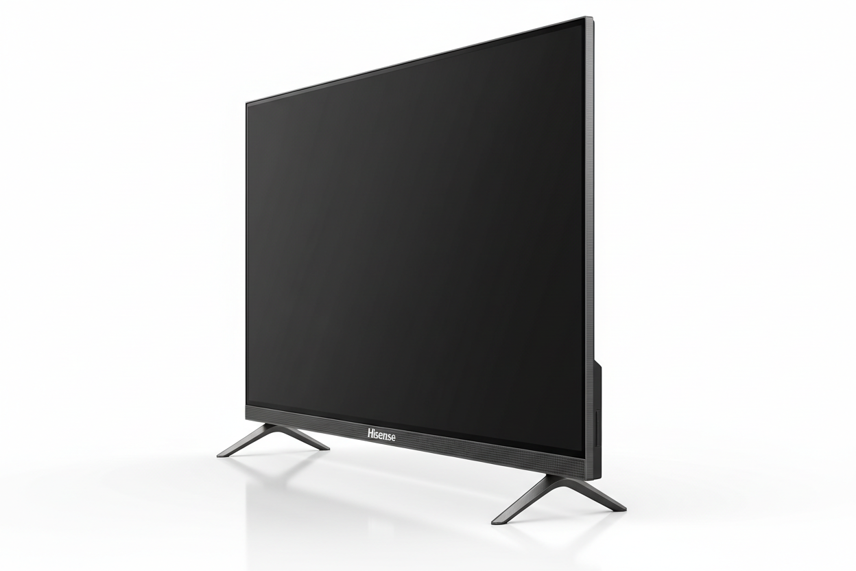 Televisor Hisense 32" HD con diseño delgado y base metálica en ángulo elegante negra.