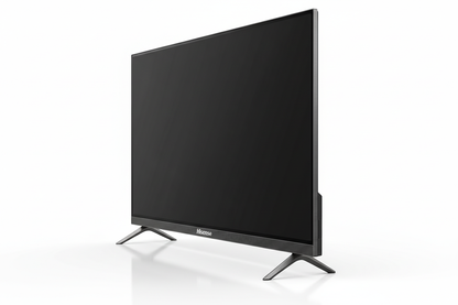 Televisor Hisense 32" HD con diseño delgado y base metálica en ángulo elegante negra.