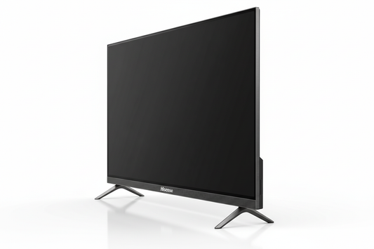 Televisor Hisense 32" HD con diseño delgado y base metálica en ángulo elegante negra.