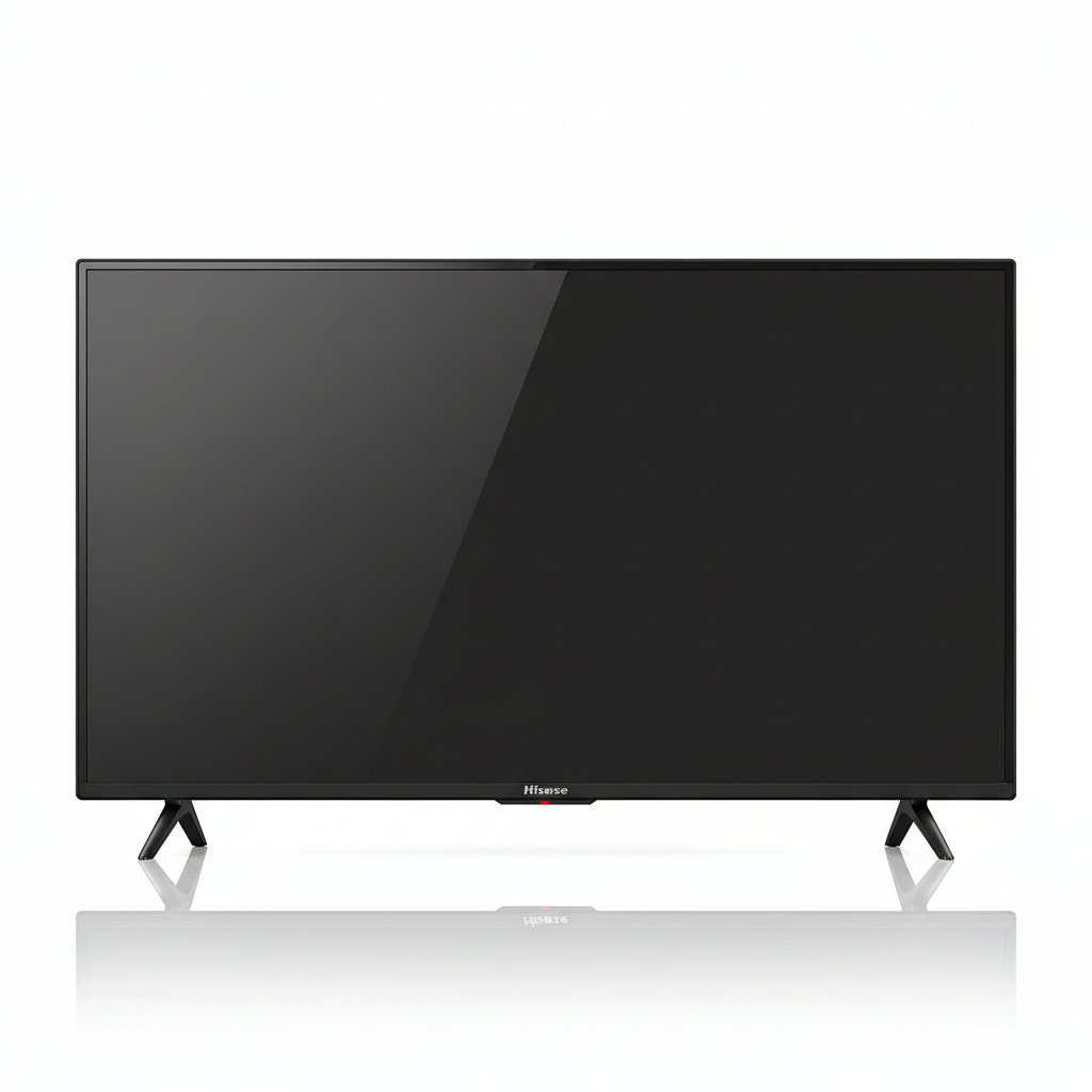 Televisor Hisense 32" HD con diseño rectangular de pantalla negra y base en forma de patas anguladas.