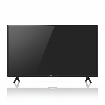 Televisor Hisense 32" HD con diseño rectangular de pantalla negra y base en forma de patas anguladas.