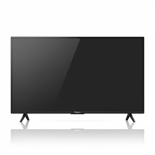 Televisor Hisense 32" HD con diseño rectangular de pantalla negra y base en forma de patas anguladas.
