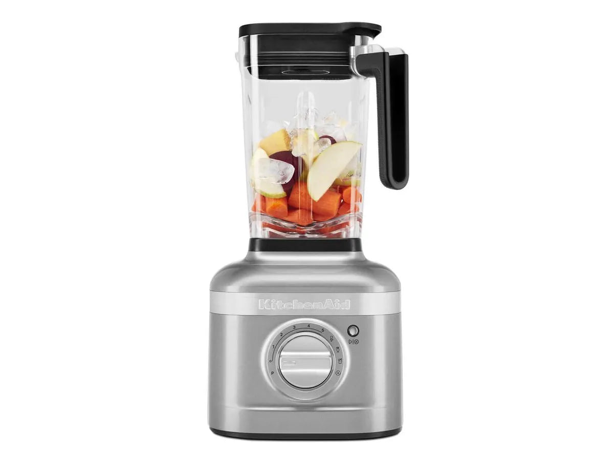 Licuadora KitchenAid K400 plata con jarra transparente y tapa negra, control giratorio frontal.