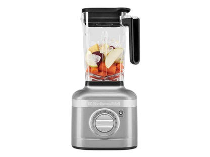 Licuadora KitchenAid K400 plata con jarra transparente y tapa negra, control giratorio frontal.