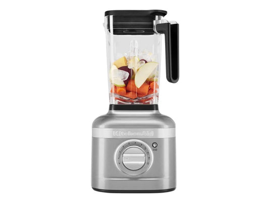 Licuadora KitchenAid K400 plata con jarra transparente y tapa negra, control giratorio frontal.