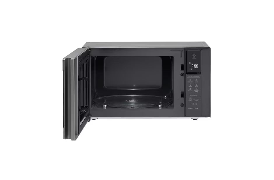 Horno microondas LG inverter 1.5 pies en acero inoxidable con puerta abierta y control digital negro.