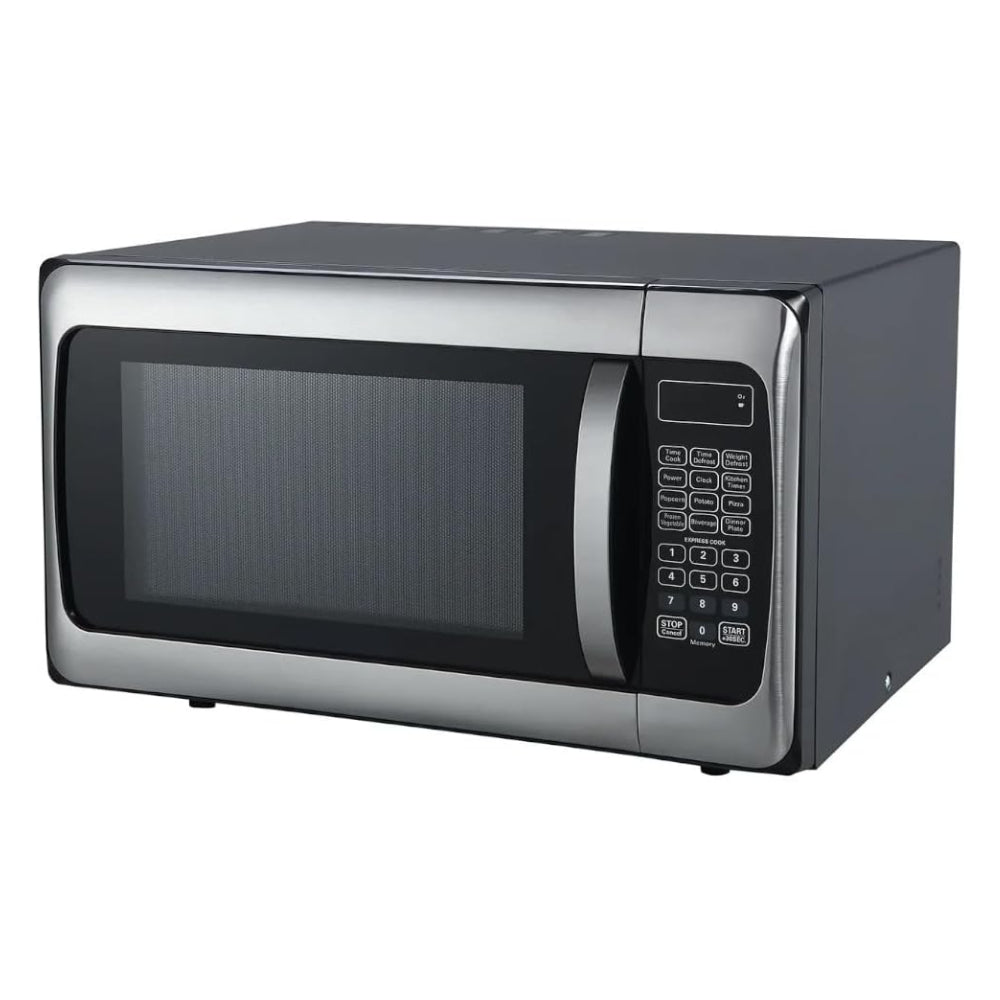 Horno microondas Daewoo 1.1 pies cúbicos acero inoxidable pantalla digital y panel de botones negros.