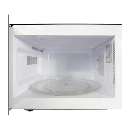 Interior blanco de horno microondas Daewoo con plato giratorio transparente y paredes lisas.