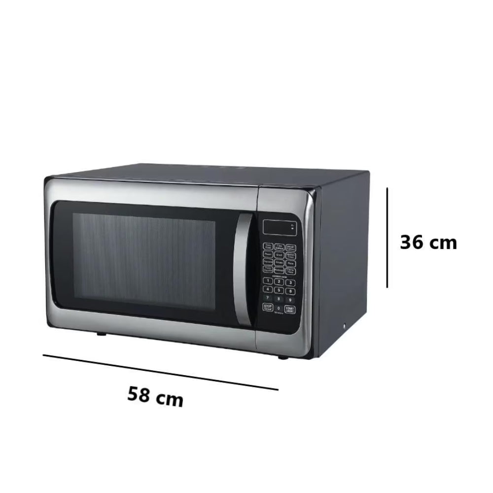 Horno microondas Daewoo acabado acero inoxidable con panel digital y dimensiones 58 cm ancho x 36 cm alto.