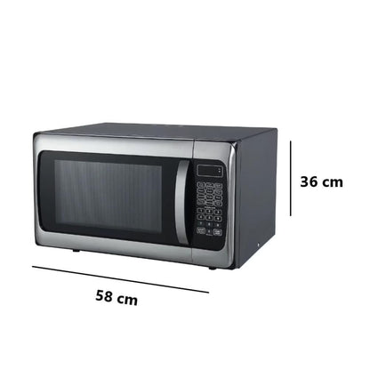Horno microondas Daewoo acabado acero inoxidable con panel digital y dimensiones 58 cm ancho x 36 cm alto.