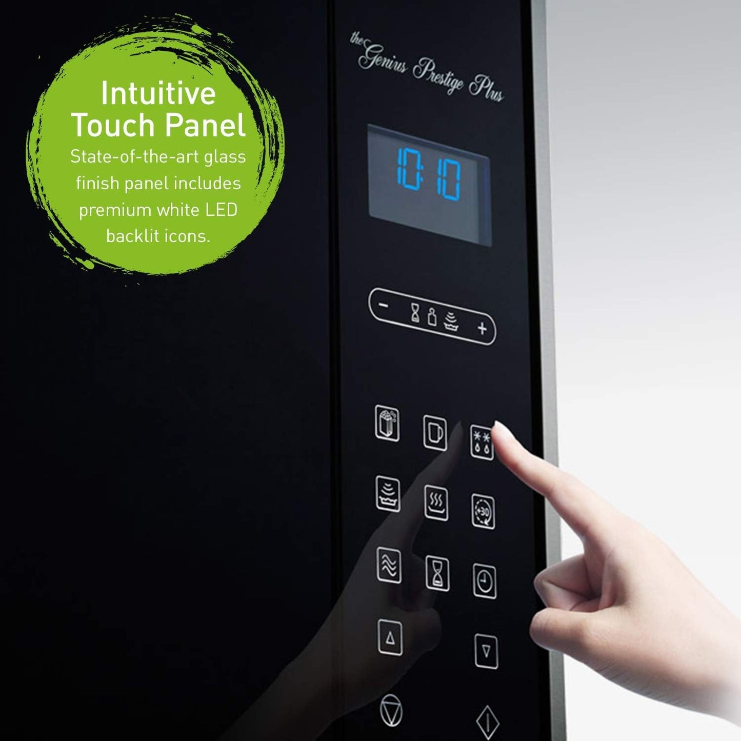 Panel táctil intuitivo con pantalla LED azul y botones táctiles en horno microondas Panasonic negro elegante.