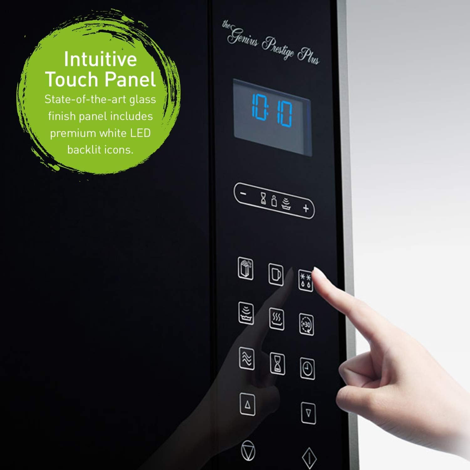 Panel táctil intuitivo con pantalla LED azul y botones táctiles en horno microondas Panasonic negro elegante.