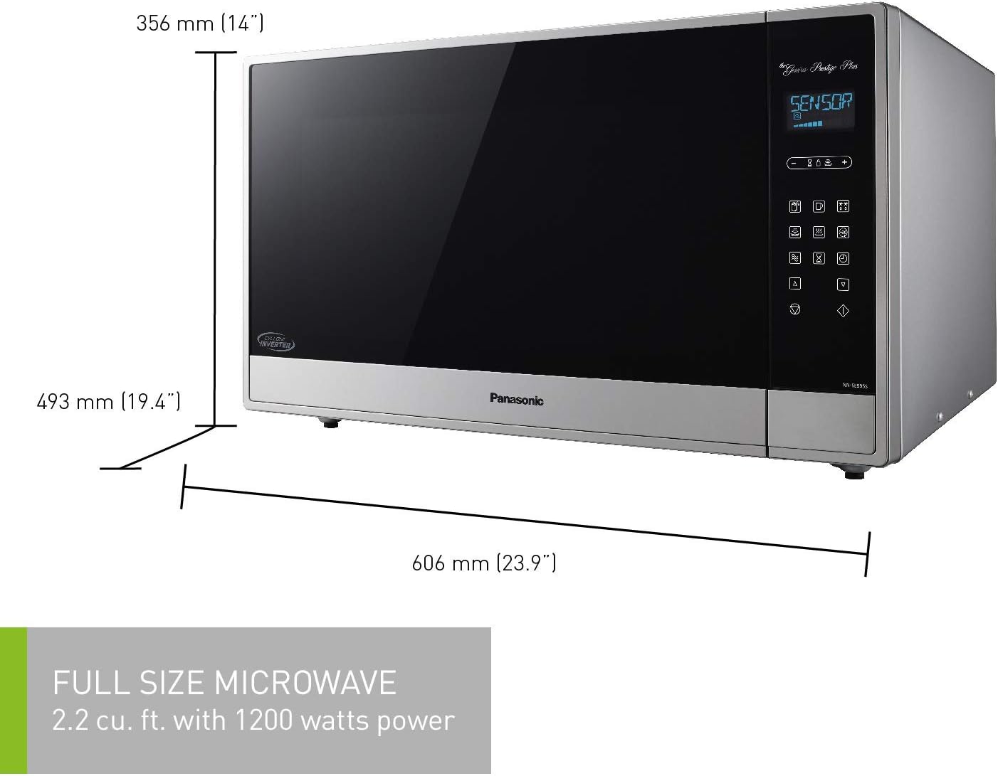 Horno microondas Panasonic Cyclonic Inverter NN-SE995SRPH en acero inoxidable con panel digital y puerta negra reflectante.