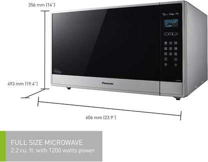 Horno microondas Panasonic Cyclonic Inverter NN-SE995SRPH en acero inoxidable con panel digital y puerta negra reflectante.