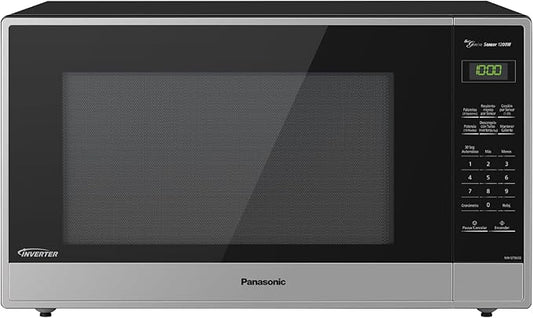 Horno microondas Panasonic Inverter acero inoxidable con panel digital y botones táctiles negros.