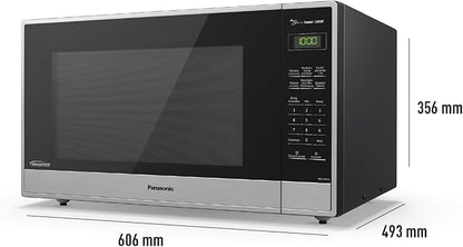 Horno microondas Panasonic Inverter acero inoxidable con panel digital y botones táctiles negros.