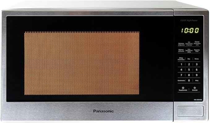 Microondas Panasonic acero inoxidable 1.3 pies con panel digital y botones táctiles negros.