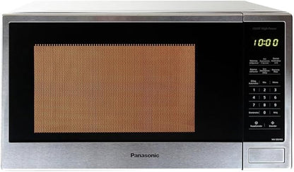 Microondas Panasonic acero inoxidable 1.3 pies con panel digital y botones táctiles negros.