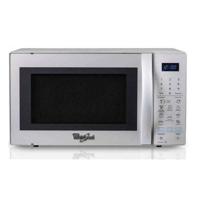 Horno microondas Whirlpool plateado con puerta de vidrio y panel digital táctil azul y blanco.