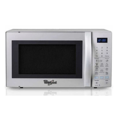 Horno microondas Whirlpool plateado con puerta de vidrio y panel digital táctil azul y blanco.