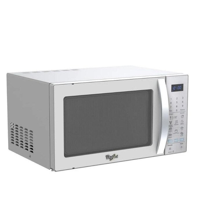 Microondas Whirlpool plateado 1.4 pies con panel digital y puerta con ventana oscura.