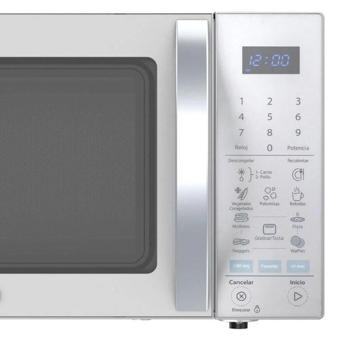 Microondas Whirlpool plateado con panel táctil digital y pantalla LED azul.