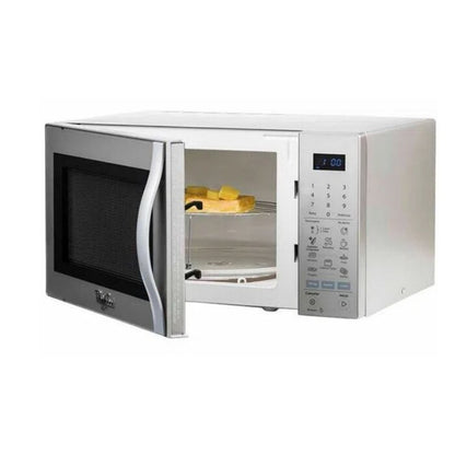 Microondas Whirlpool plateado 1.4 pies con puerta abierta y panel digital gris claro.