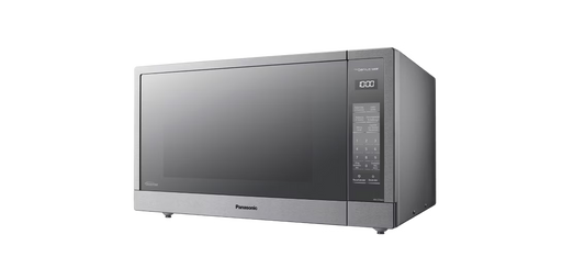 Microondas Panasonic Inverter 2.2 pies en color plata con panel digital y puerta con ventana negra.