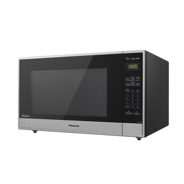 Microondas Panasonic Inverter NN-ST965SRPH acero inoxidable con panel digital y botones táctiles negros.