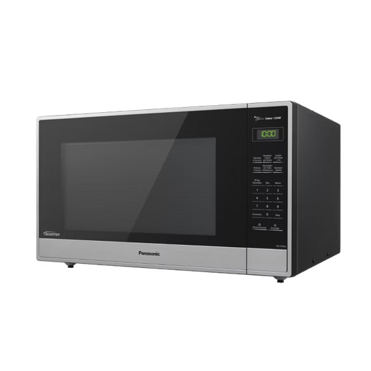 Microondas Panasonic Inverter NN-ST965SRPH acero inoxidable con panel digital y botones táctiles negros.