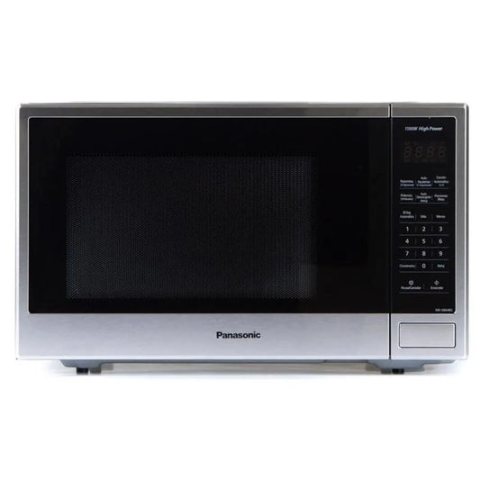 Microondas Panasonic acero inoxidable con panel digital y pantalla LED negra.