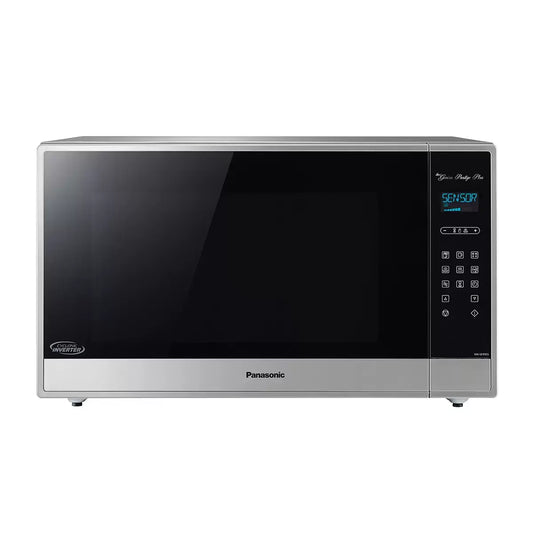Horno microondas Panasonic Cyclonic Inverter NN-SE995SRPH en color plateado con pantalla digital azul y panel táctil negro.