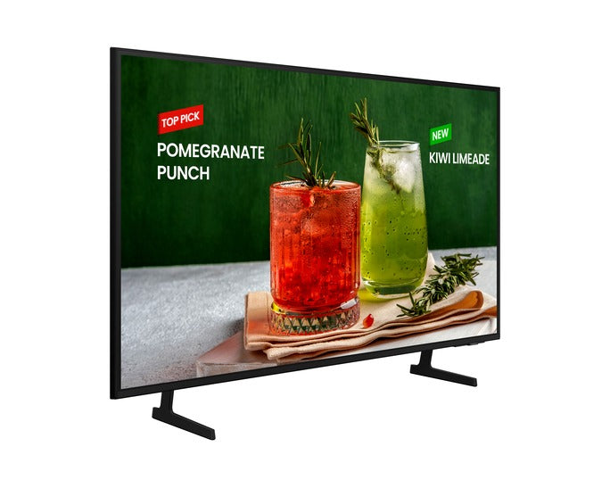 Pantalla Samsung 50" Smart TV LED 4K con soporte en forma de T color negro mostrando bebidas en pantalla.