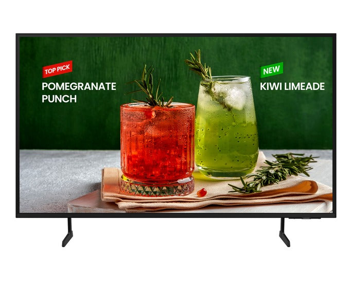 Televisor Samsung 50" Smart TV LED 4K con imagen de bebidas pomegranate punch y kiwi limeade.