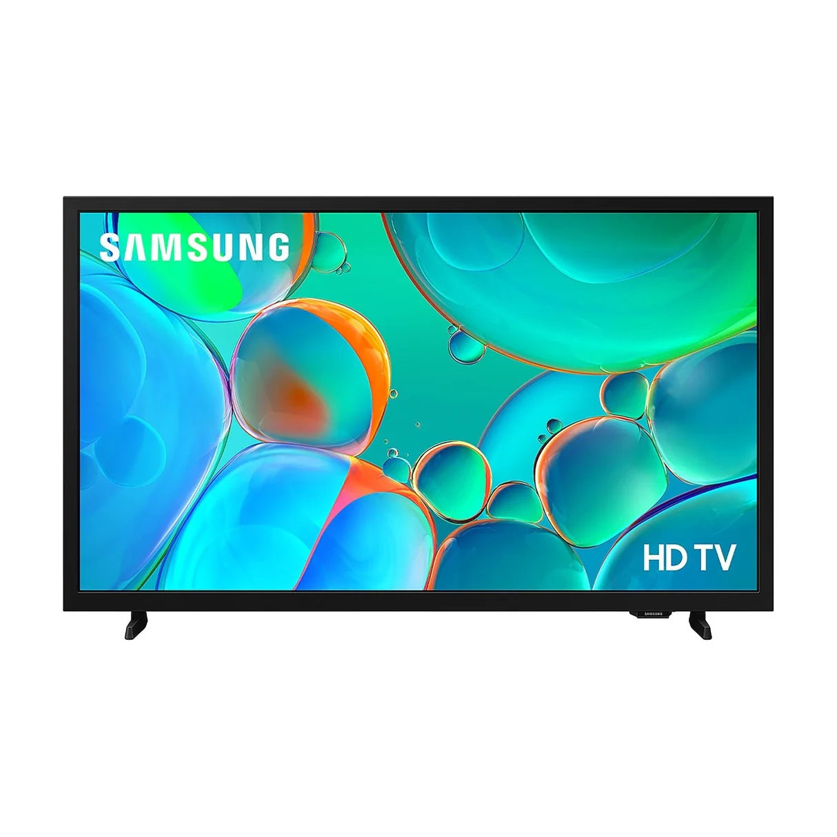 Pantalla Samsung 32" Full HD Smart TV con base negra y diseño delgado mostrando colores azules y naranjas vivos.