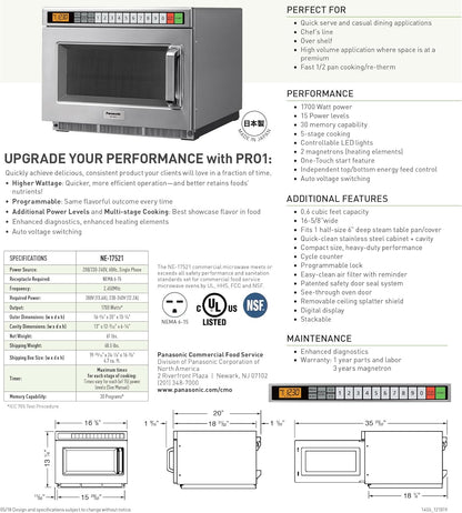 Microondas Profesional Panasonic 18L 1700W NE-17521 - 220V