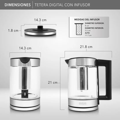 Tetera digital RCA de vidrio con infusor metálico, base blanca y mango negro, 1.8L.