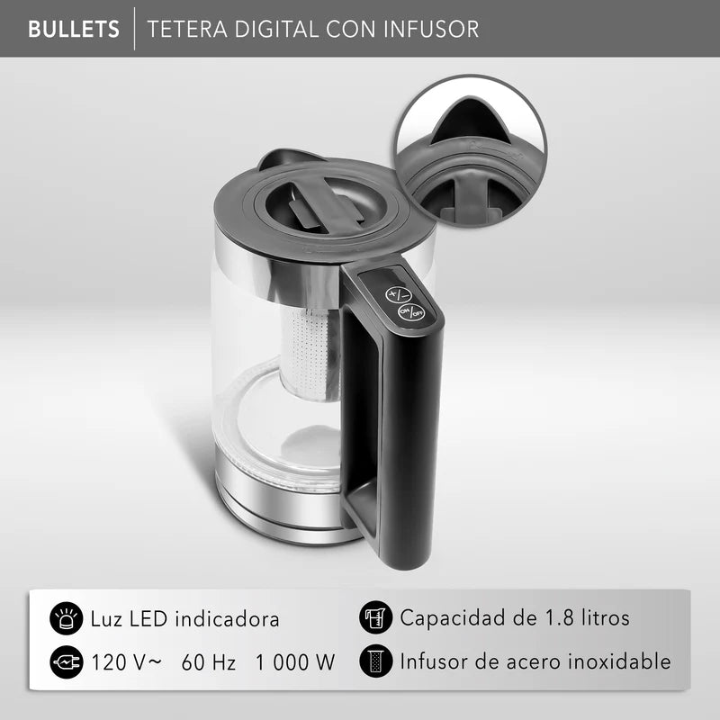 Tetera digital RCA con jarra de vidrio 1.8L, tapa y base negras, infusor de acero inoxidable, panel LED táctil.