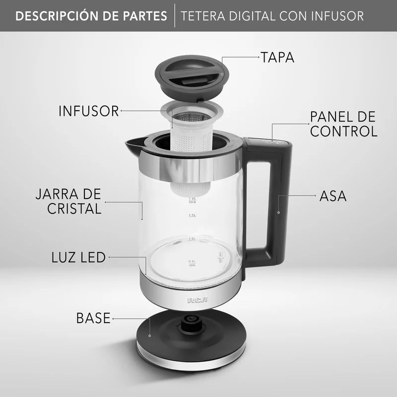 Tetera digital RCA de vidrio transparente con infusor interior, tapa negra, asa y base con panel de control.