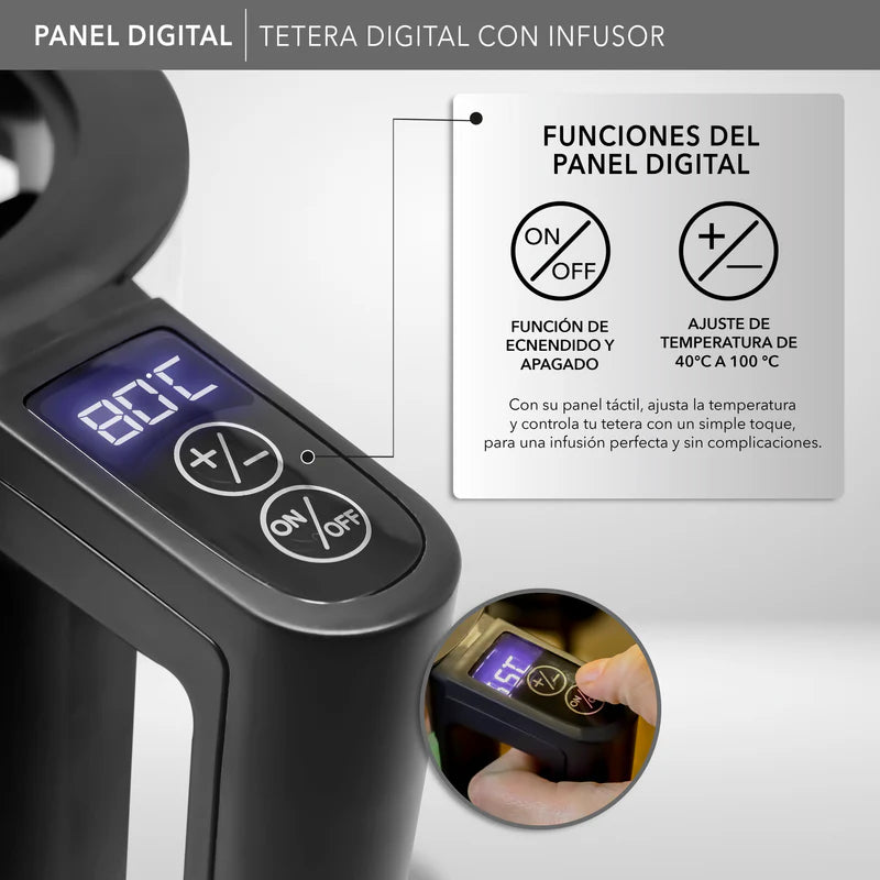 Tetera digital RCA negra con panel táctil y pantalla LCD azul, capacidad 1.8 litros.