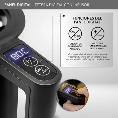Tetera digital RCA negra con panel táctil y pantalla LCD azul, capacidad 1.8 litros.