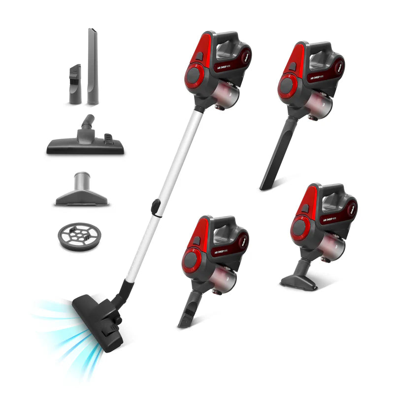 Aspiradora de mano portátil RCA roja y negra con tubo extensible y accesorios para diferentes superficies.