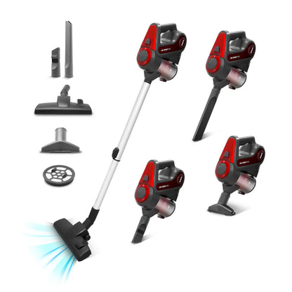 Aspiradora de mano portátil RCA roja y negra con tubo extensible y accesorios para diferentes superficies.