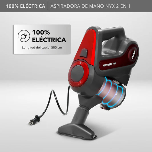 Aspiradora de mano portátil RCA roja y negra con cable eléctrico y diseño compacto.