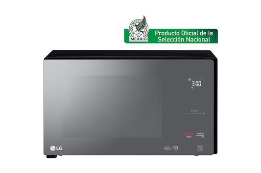 Microondas LG NeoChef negro con puerta reflectante, pantalla digital y control táctil en lado derecho.