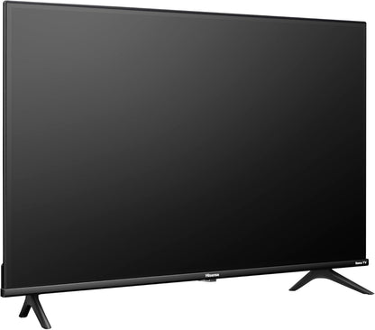 Pantalla Hisense 32" HD Smart TV 32A4R con biseles delgados y base doble en color negro.