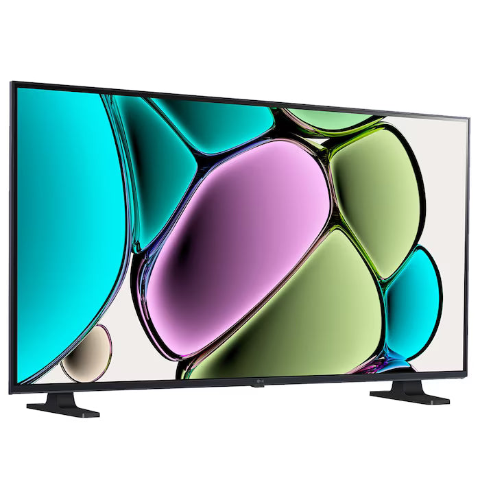 Pantalla LG 32" HD Smart TV con marco delgado y base en V negra mostrando gráficos coloridos.